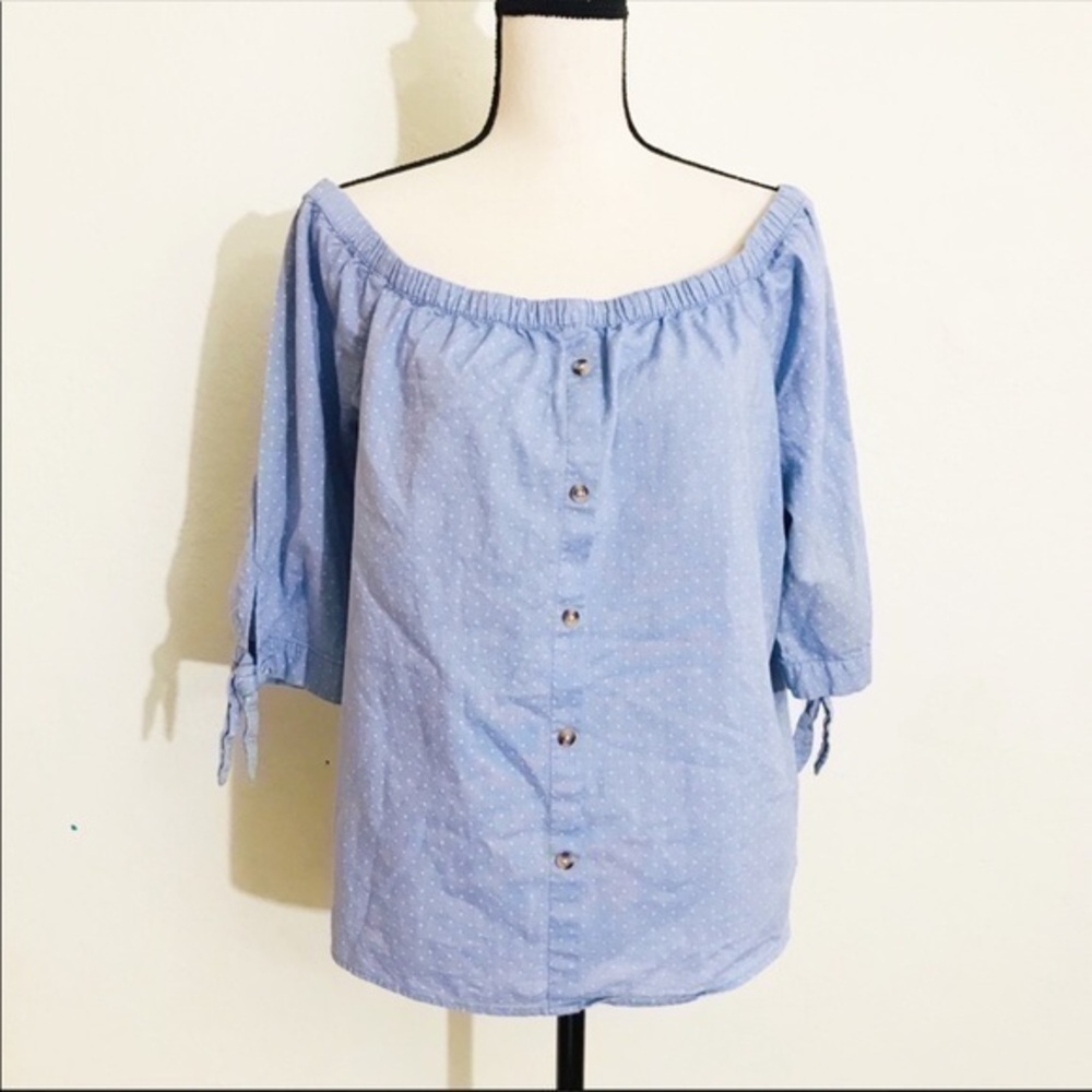 F&F Off Shoulder Tie Sleeve Polka Dot Top Size 10 Blue/White